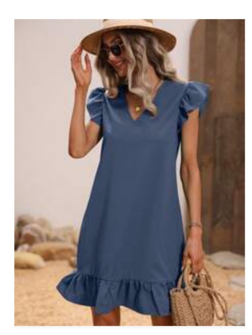 SHEIN Blue Ruffle Hem V-Neck Short Sleeve Dress